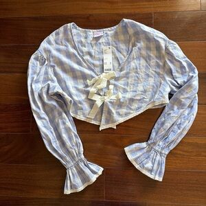 NWT Urban Outfitters Light Blue Gingham Cropped Tie-Front Blouse